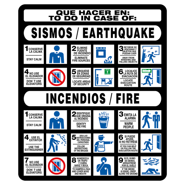 Señal Qué Hacer En: Sismos e Incendios (Español e Inglés) Modelo 031 de Estireno Fotoluminiscente 50×60 cm